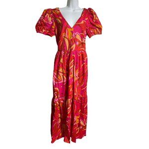 1.State Pink Orange Puff Sleeve Tiered Maxi Dress Cut Out Back Size M Boho Edgy